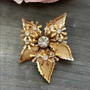 Vintage Gold Floral Brooch with rhinestone center